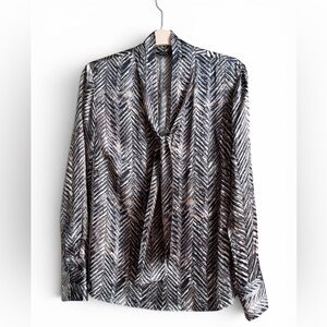 Lafayette 148 New York Chevron Metallic Grey & Silver 100% Silk Tie-Neck Blouse